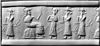 Akkadian cylinder seal impression depicting a vegetation goddess, possibly Ninhursag, sitting on a throne surrounded by worshippers (circa 2350-2150 BC)